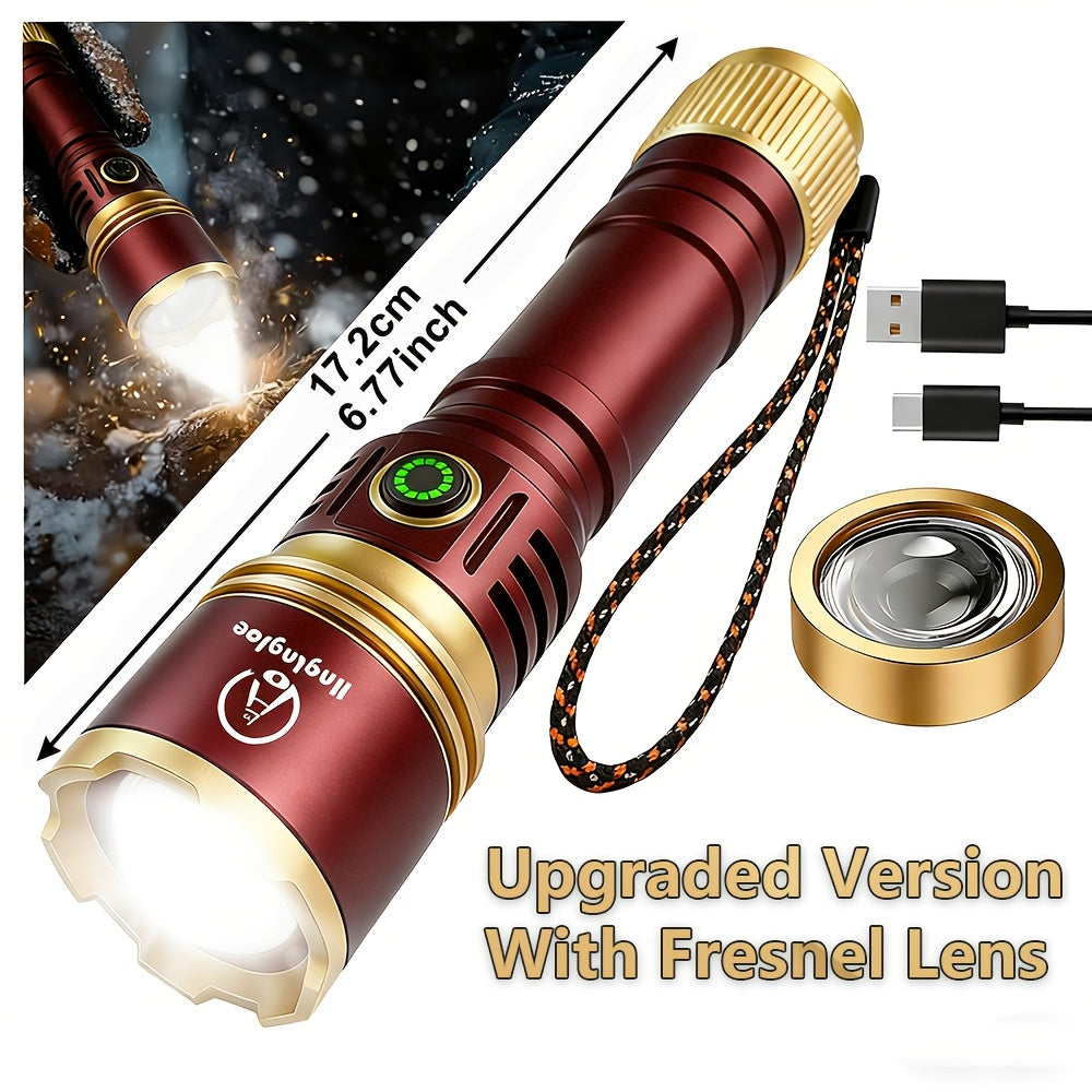 4500 Lumen Aluminum Flashlight with Fire Starter & Fresnel Lens – 21700 Rechargeable Outdoor Survival Torch for Camping Fishing Night Riding Power Outage, Adjustable Beam
