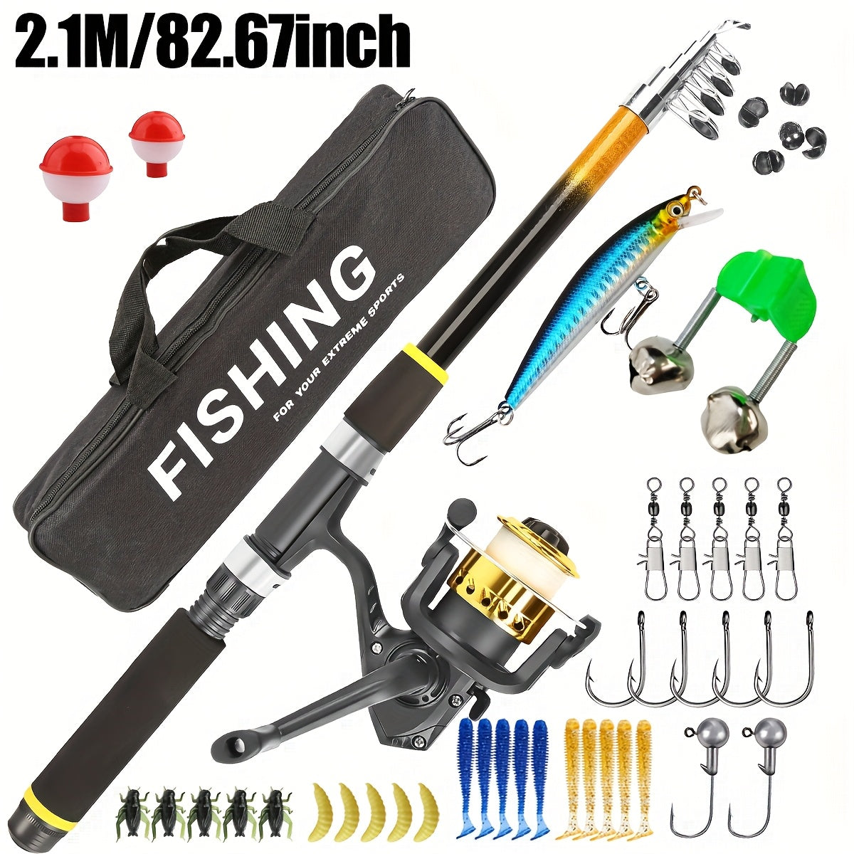 Fishing Rod and Reel Combo Beginner Starter Kit Telescopic Spinning Rod with Hard Soft Baits Accessories Box Bag Ambidextrous 70-83 Inch