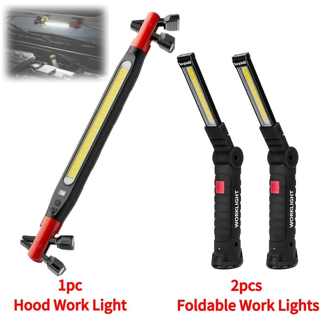 COB LED Rechargeable Work Light with Magnetic Base Multi-Pack - Portable Hanging Flashlight for Camping Garage Yard Emergency - Solar Front Mini Work Light Combo Sets