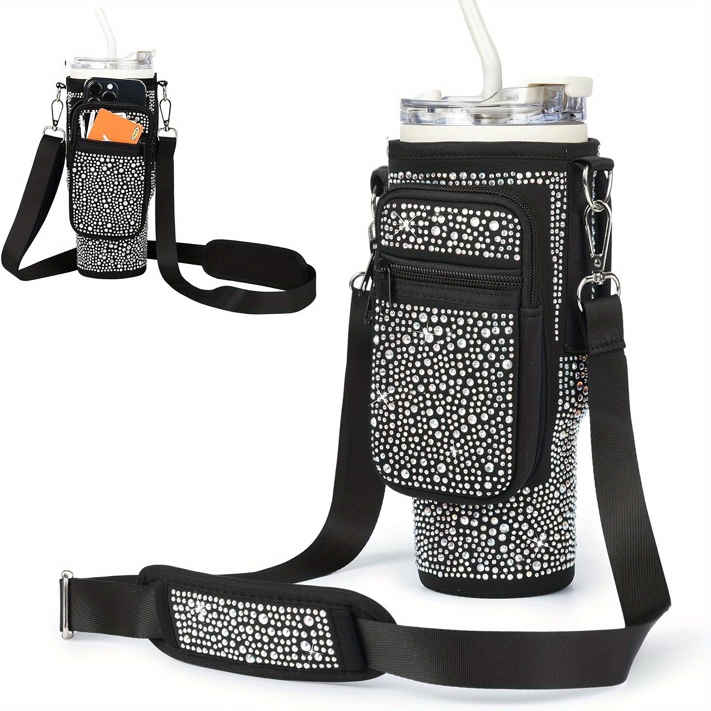 Neoprene Water Bottle Carrier Bag with Phone Pocket for 40oz 30oz Tumbler – Adjustable Strap Clip Hands-Free Bottle Holder for Hiking Camping Gym Travel Stanley Hydro Flask YETI Black Purple Pink Blue