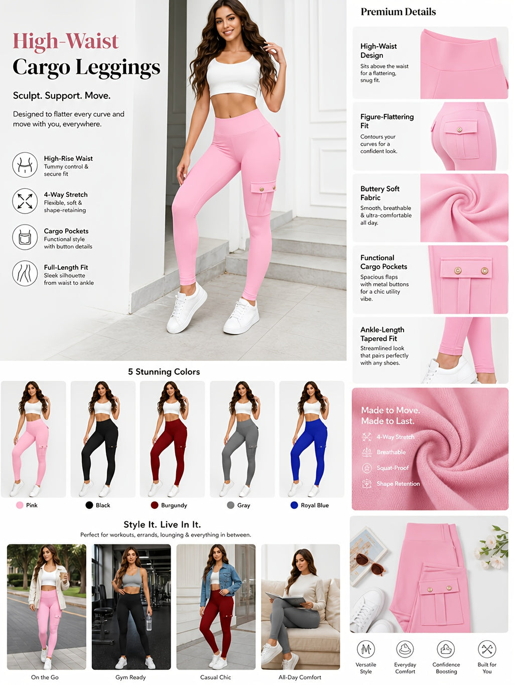 5 Pack Women's High Waist Yoga Leggings with Pockets – Tummy Control, 4-Way Stretch, Slim Fit, Soft & Breathable Workout Leggings for Gym, Running & Daily Wear, M-XXL