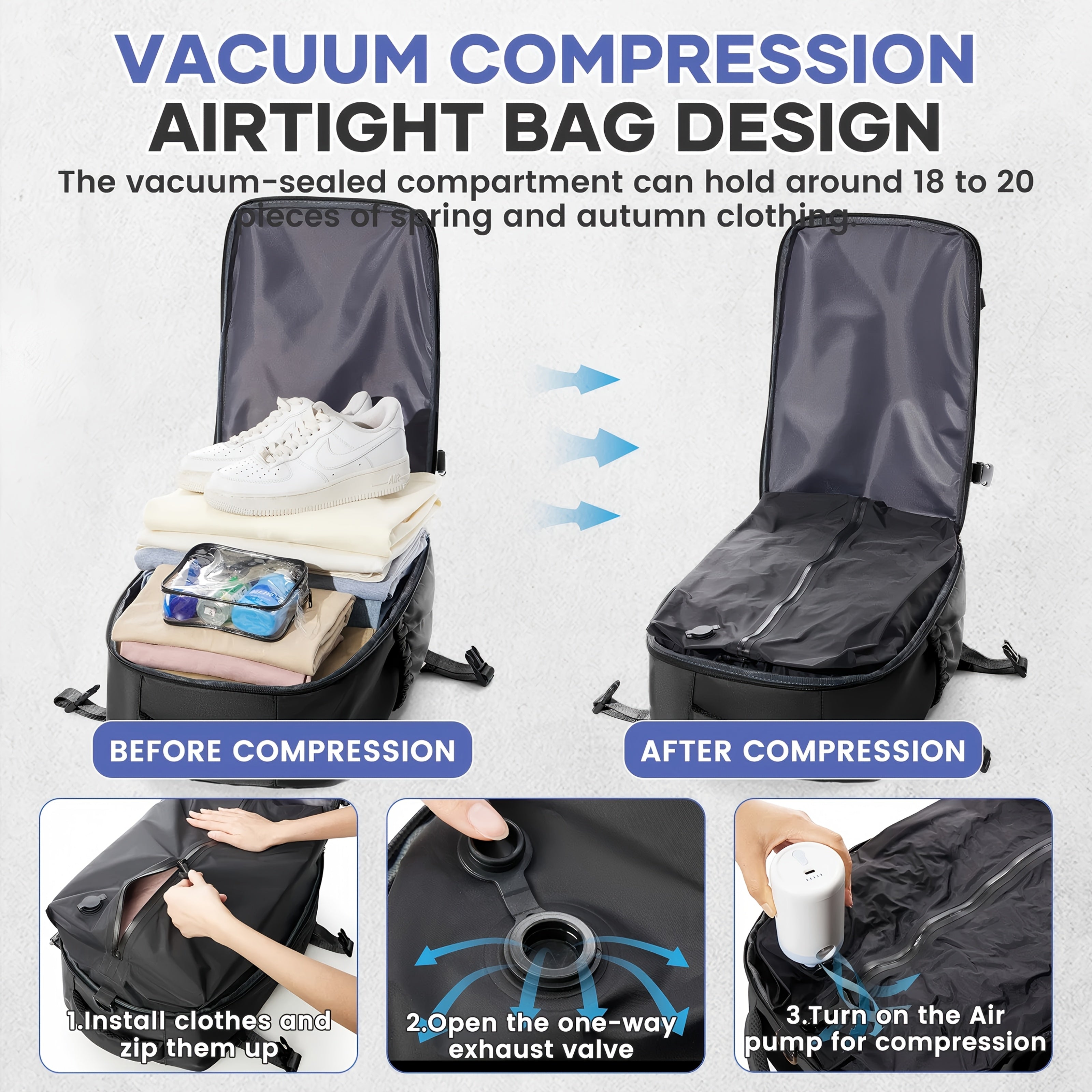 Vacuum Seal Compression Backpack with Air Pump – Expandable Large Capacity Travel Laptop Bag Space Saver Oxford Cloth Carry-On for Men Women Hiking Commuting Weekend Trip Peacock Blue Green Black