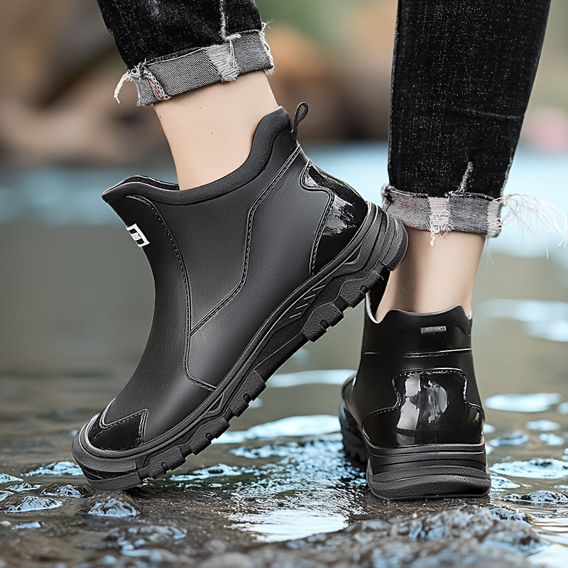 Non-Slip Rain Boots Short Ankle – Lightweight Waterproof Outdoor Boots, Cushioned Insole, Breathable Lining, Textured Sole for Car Wash, Hiking & Outdoor Activities | Unisex | Black, Beige | US 5.5–12