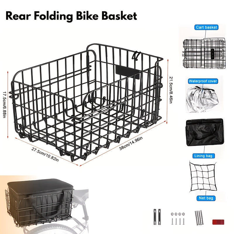 Rear Bike Basket Heavy Duty Iron Large Removable Folding, Bicycle Rear Mount Basket for Most Bikes & Ebikes, Black Frame Cargo Basket for Groceries Vegetables Pets, Commuter Cycling Accessory