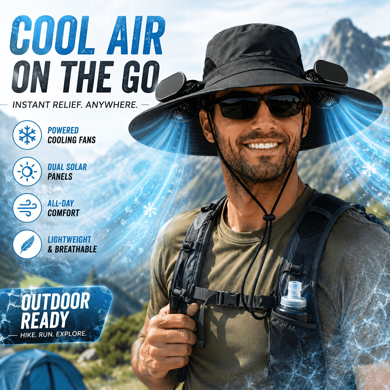 Solar Powered Cooling Fan Hat Wide Brim Dual Fans Adjustable Breathable Sun Hat for Men Women Outdoor Travel Garden Work Black Grey Khaki Camouflage
