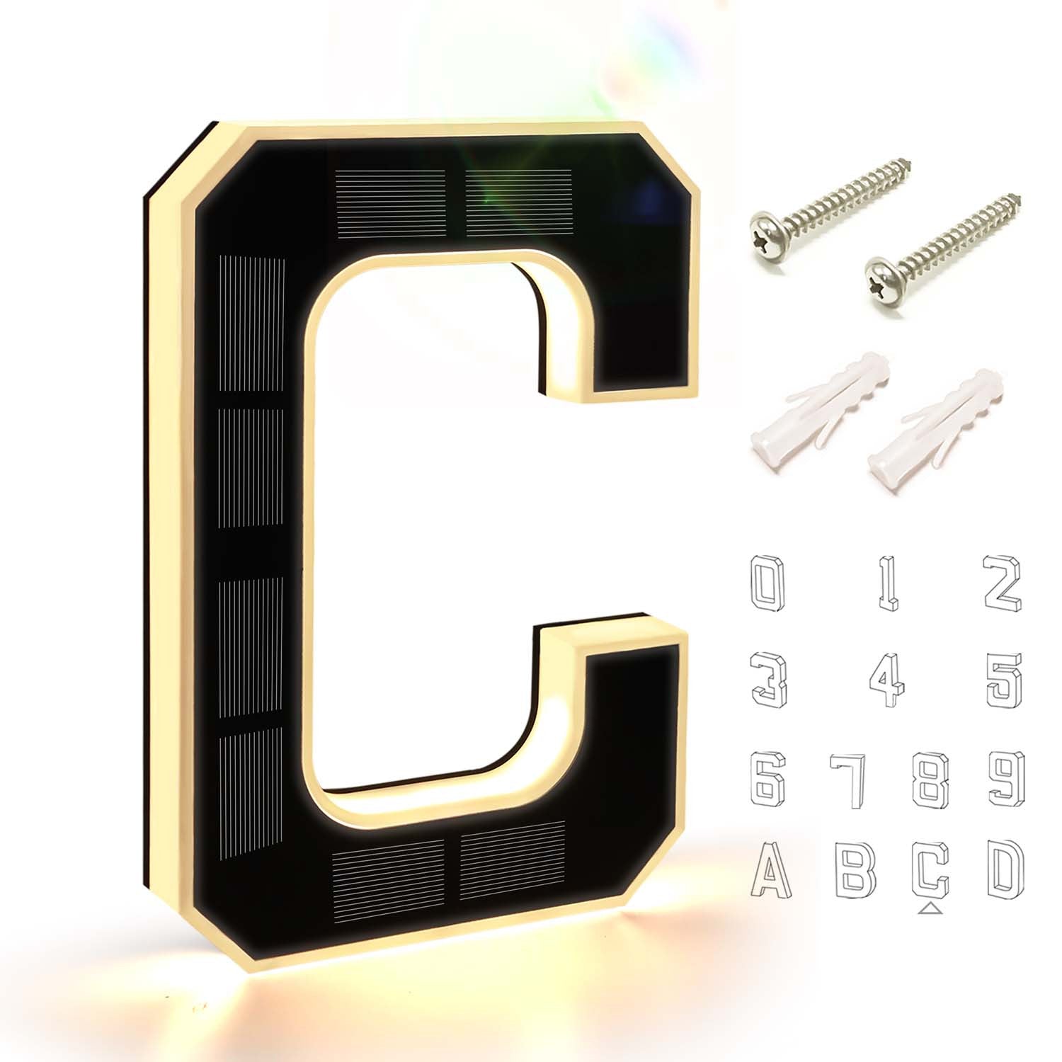 9 Inch Solar Lighted House Numbers for Outside - IP44 Waterproof, Auto Light Sensor, 9hr Illumination, Modern Exterior Address Sign, Numbers 0-9 & Letters A-D