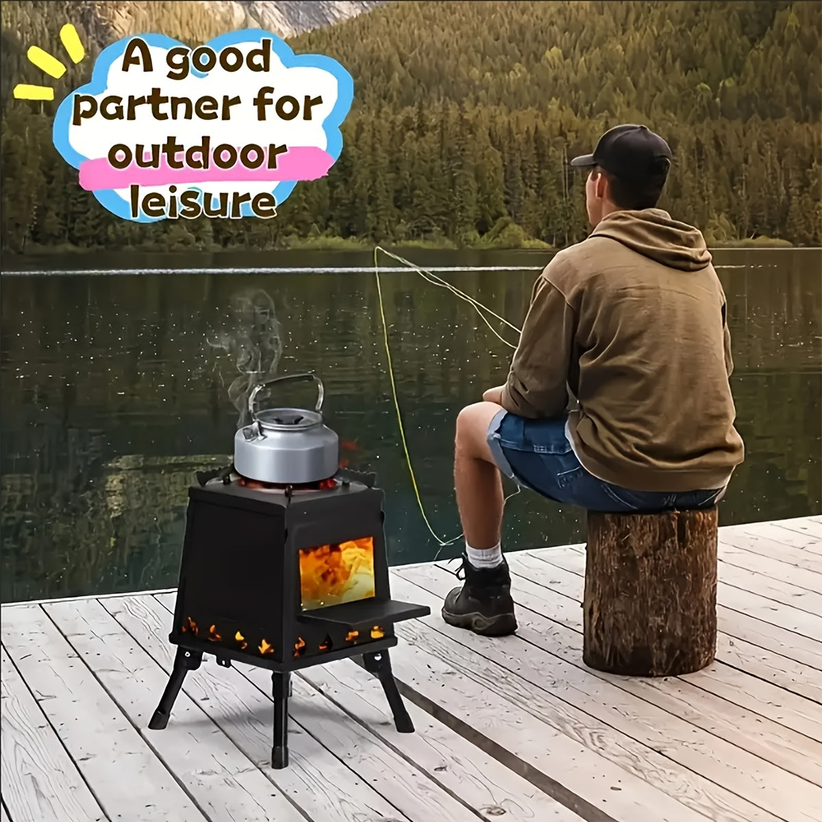 Portable Wood Burning Camp Stove with BBQ Scissors – Compact Folding Camping Stove for Outdoor Hiking Picnic Backpacking Travel, Black