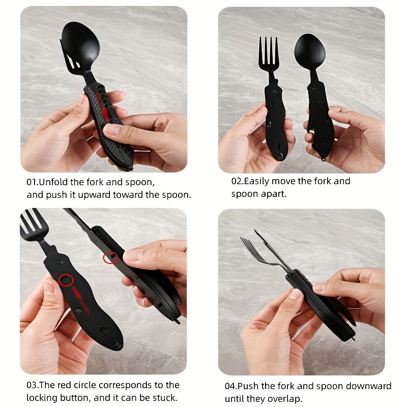 4-in-1 Stainless Steel Camping Utensil Set – Portable Folding Fork Spoon Knife & Bottle Opener for Hiking Survival Travel Backpacking Picnic Outdoor Meals