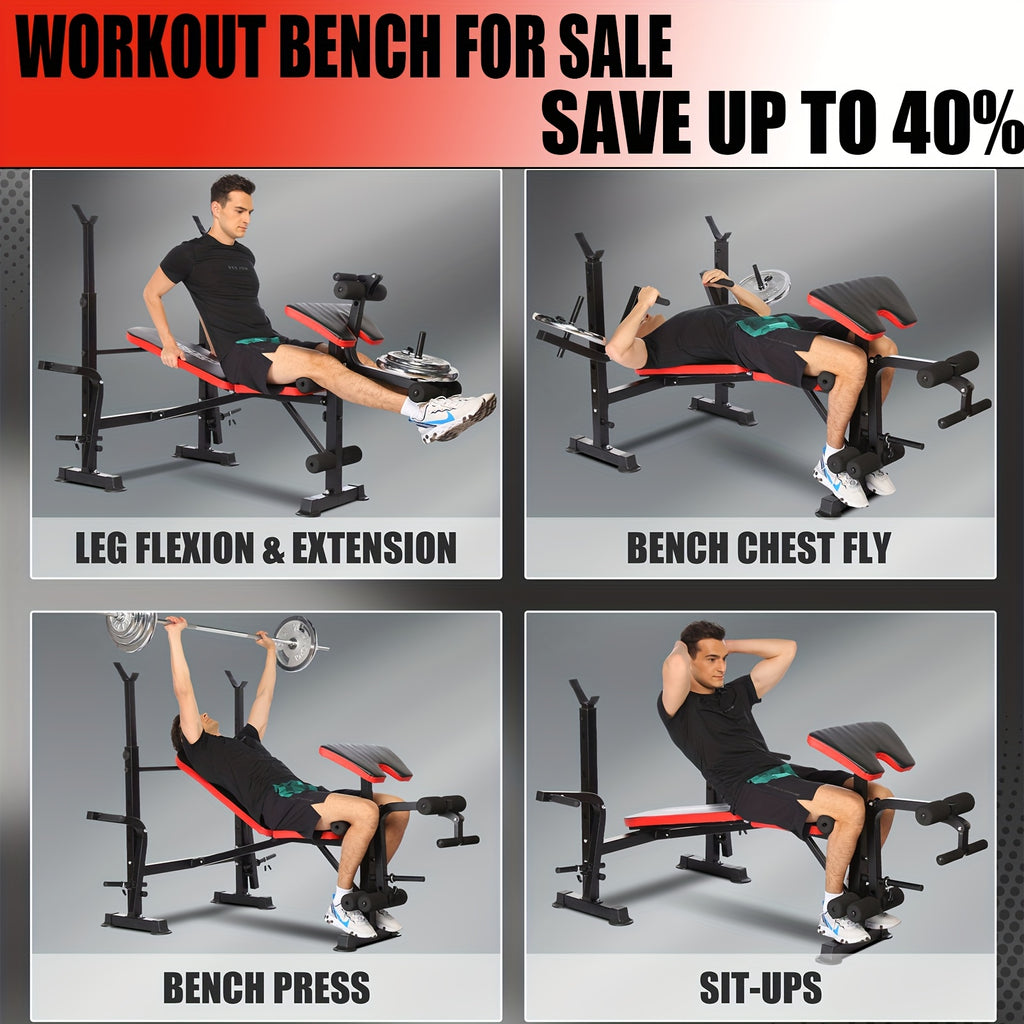 Weight Bench Set with Squat Rack – Adjustable Foldable Workout Bench Press, Leg Developer & Preacher Curl Pad for Home Gym Full Body Training | 800–1200 LBS Capacity | Black, Red, Pink