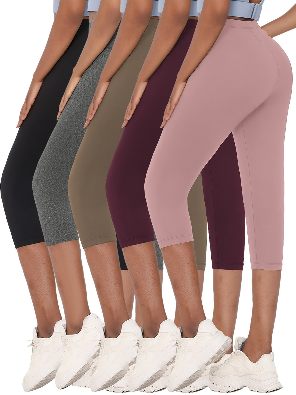 Women's Capri Leggings 5-Pack High Elastic Non-See-Through Athletic Workout Pants - Squat Proof Yoga Running Gym Capris - Soft Stretch Knit Solid Color XS S M L XL XXL Spring Summer Fall