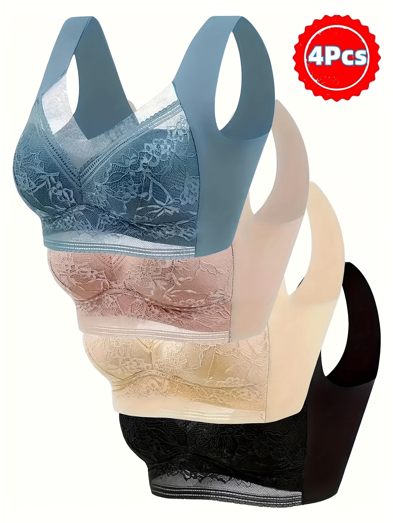 4-Pack Women's Lace Sports Bra Vest – Ice Silk Traceless Bralette with Beautiful Lace Back, Fixed Cup Support for Large Chest, Breathable Gathered Design, Sizes S-XXL