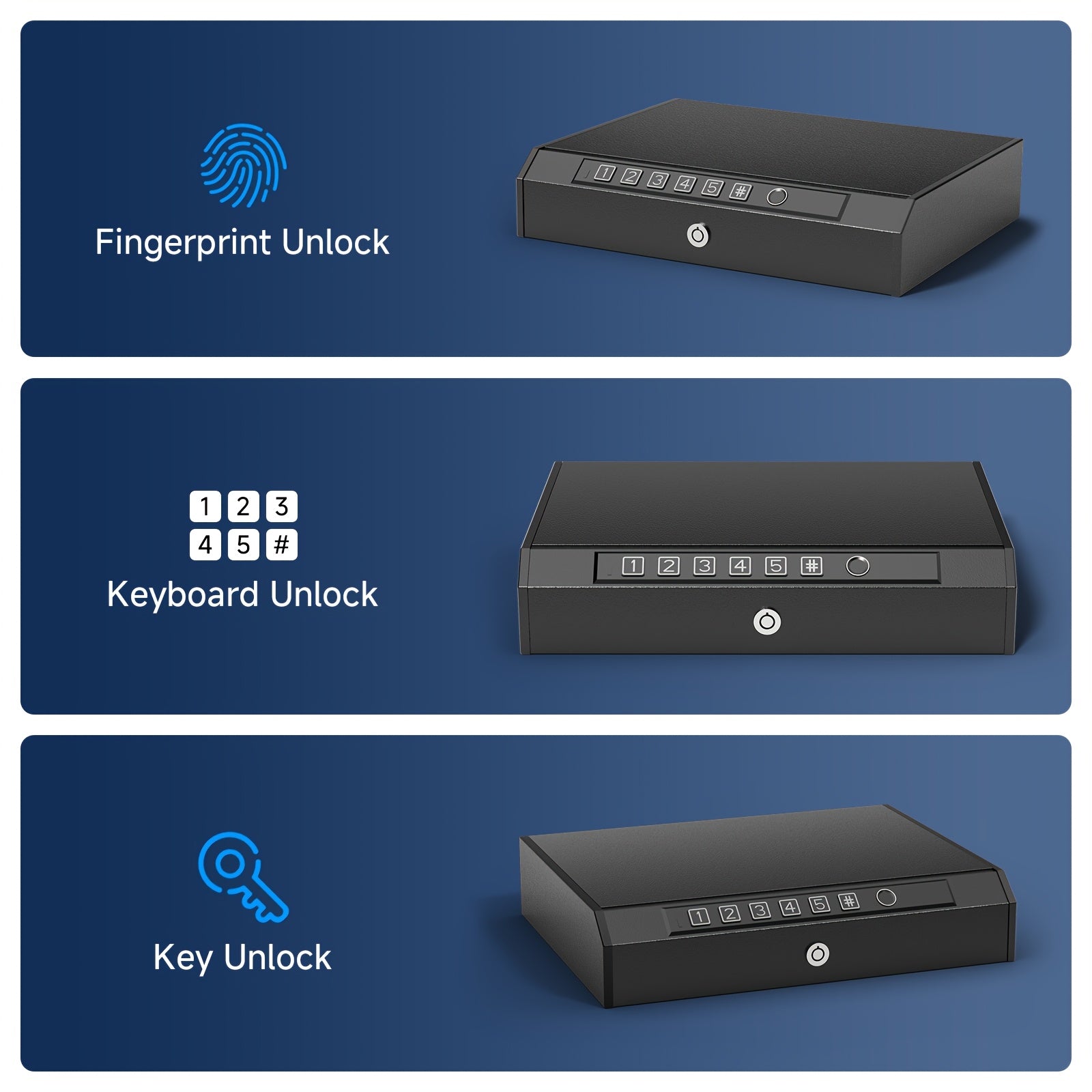 Biometric Gun Safe 3-Way Unlock – Fingerprint Digital PIN & Key Pistol Lock Box with Internal Light Silent Mode Emergency Power for Home Bedroom Nightstand Car