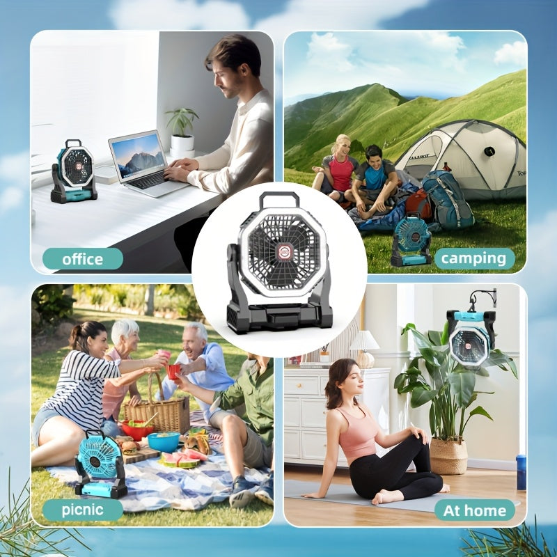 Camping Fan with LED Light Rechargeable USB Battery 4-Speed 3 Lighting Modes Hanging Rope Tent Outdoor Travel Indoor Portable