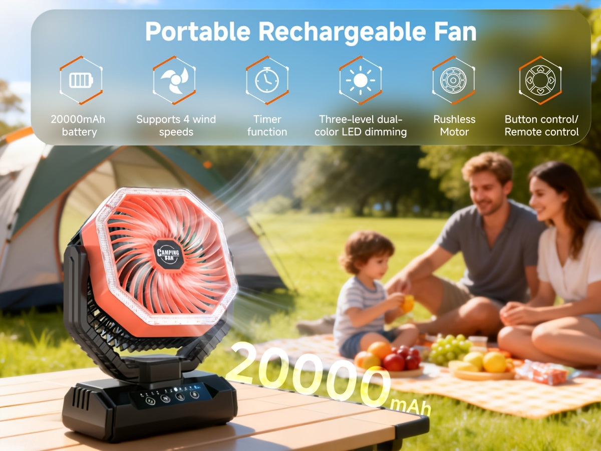 20000mAh Portable Camping Fan 180° Oscillating 4-Speed Brushless Motor LED Light 22-26H Battery USB Rechargeable for Camping Hiking Picnic Emergency Gray Pink Green Black Orange
