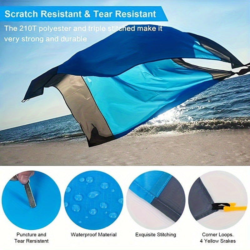 Sandproof Beach Blanket Foldable Mat with 4 Corner Stakes – Lightweight Portable Outdoor Blanket for Beach, Camping, Hiking, Travel & Picnic