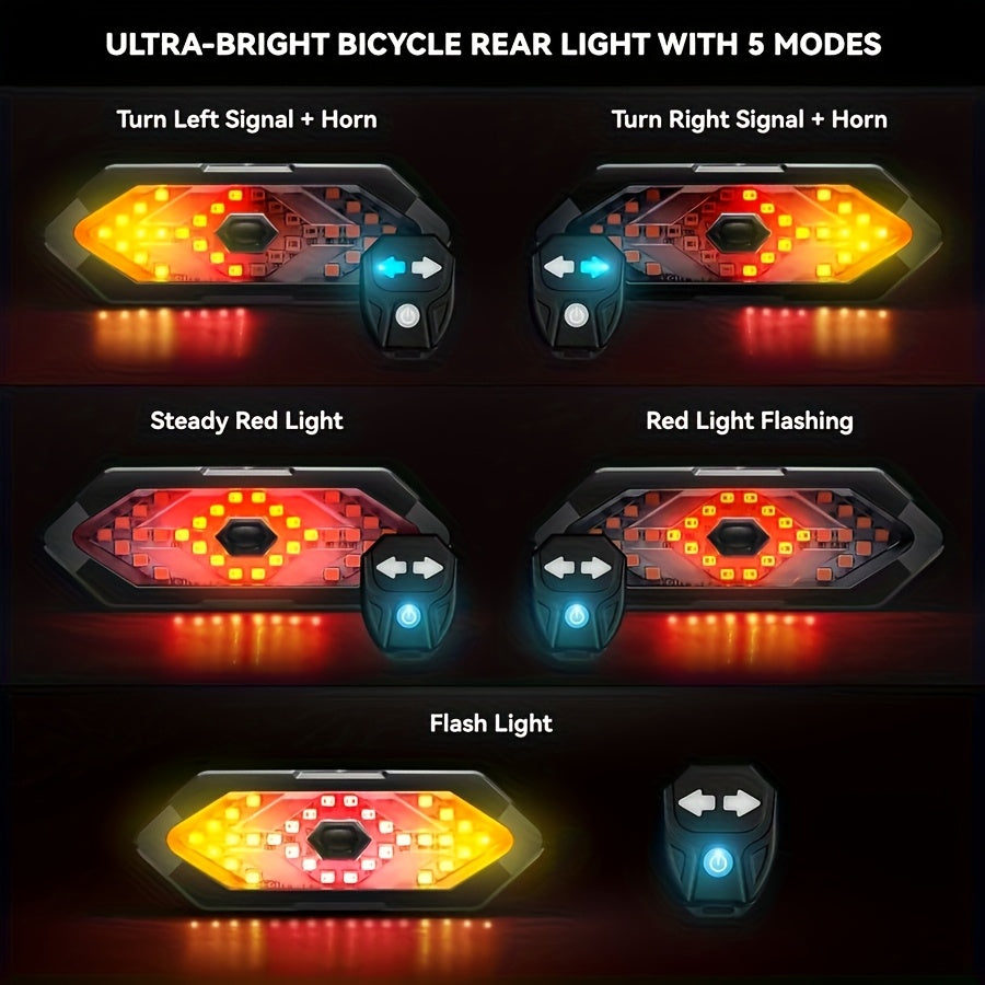 Bike Tail Light with Left Right Turn Signals 650mAh Rechargeable – Ultra-Bright LED Safety Warning Light Remote Control Alert Speaker Night Riding Bicycle Rear Light