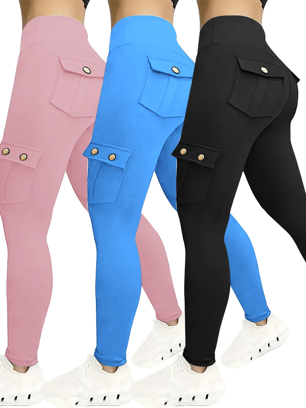 Women's Compression Leggings 3-Pack High Waisted with Flap Pockets Button Design All-Season Elastic Running Yoga Gym Sports Leggings Black Blue Gray Pink Red M-XXL