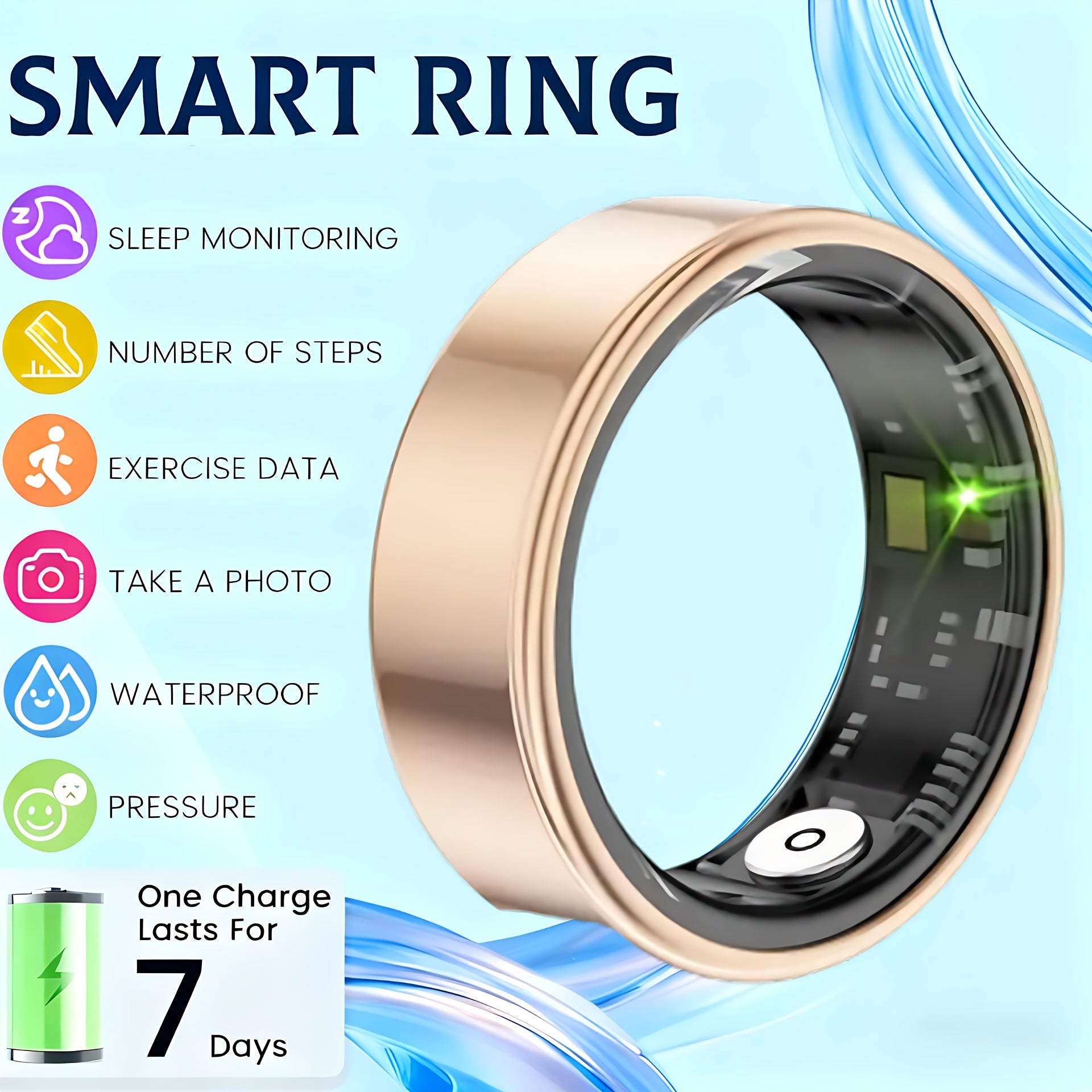 Smart Ring Fitness Tracker - Bluetooth 5.3 Health Monitoring Ring with 100+ Sports Modes, HRV Heart Rate, Stress Monitor, Body Temperature, IP68 Waterproof, iPhone & Android Compatible, Sizes 7-13