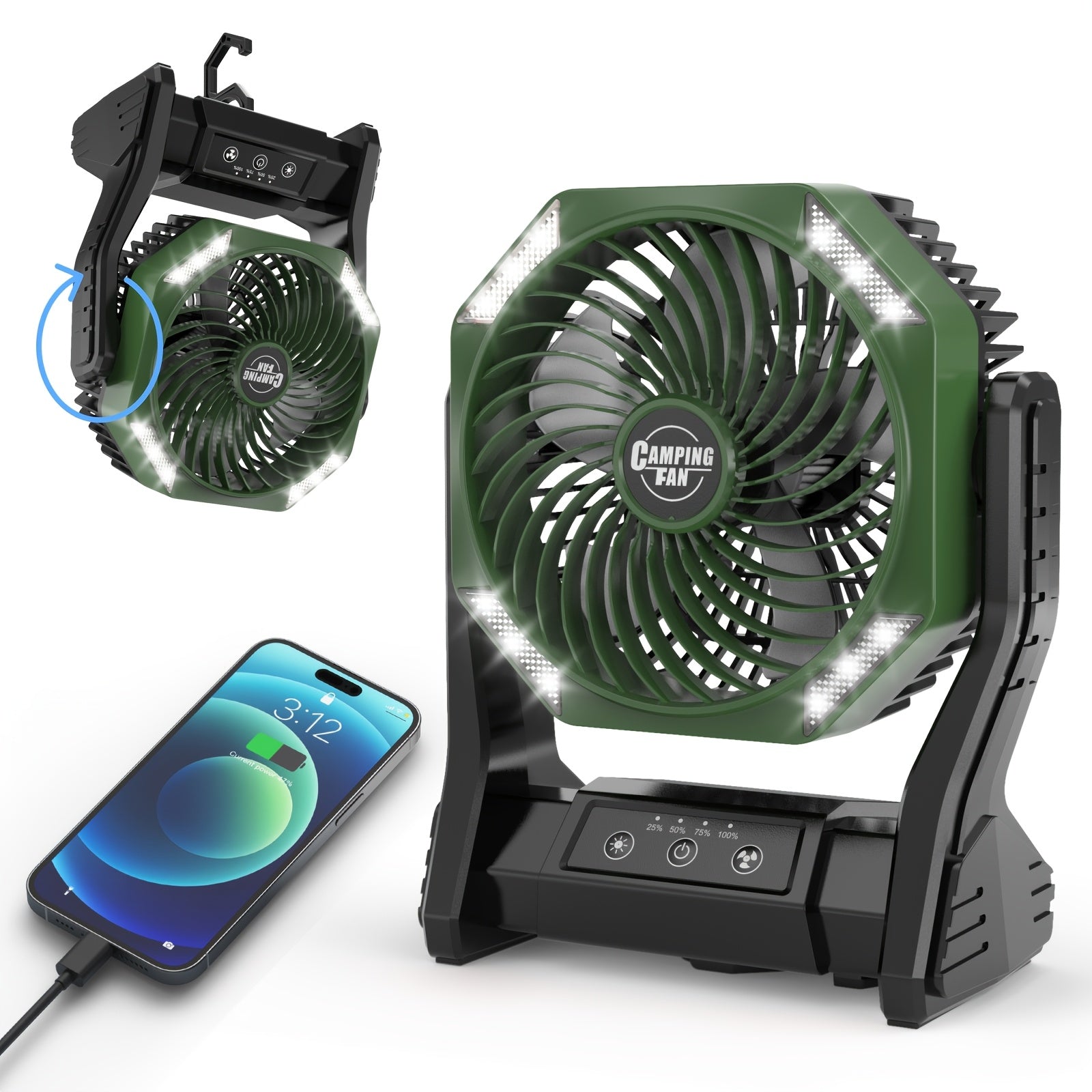 20000mAh Camping Fan with LED Light & Brushless Motor – Portable Outdoor Fan for Camping Hiking Picnic Emergency Use, 4 Speeds, 180° Oscillation, 22-26H Battery Life
