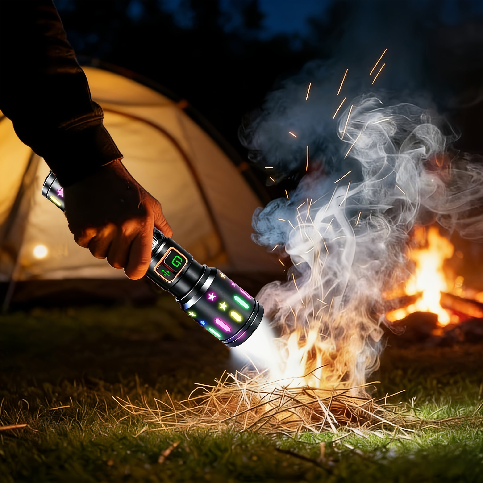 High-Lumen Fire Starting Flashlight Rechargeable LED Torch with COB Side Light 5 Modes Tactical Beam Fresnel Lens Survival Tool for Camping Hiking Fishing Emergency Outdoor Adventures