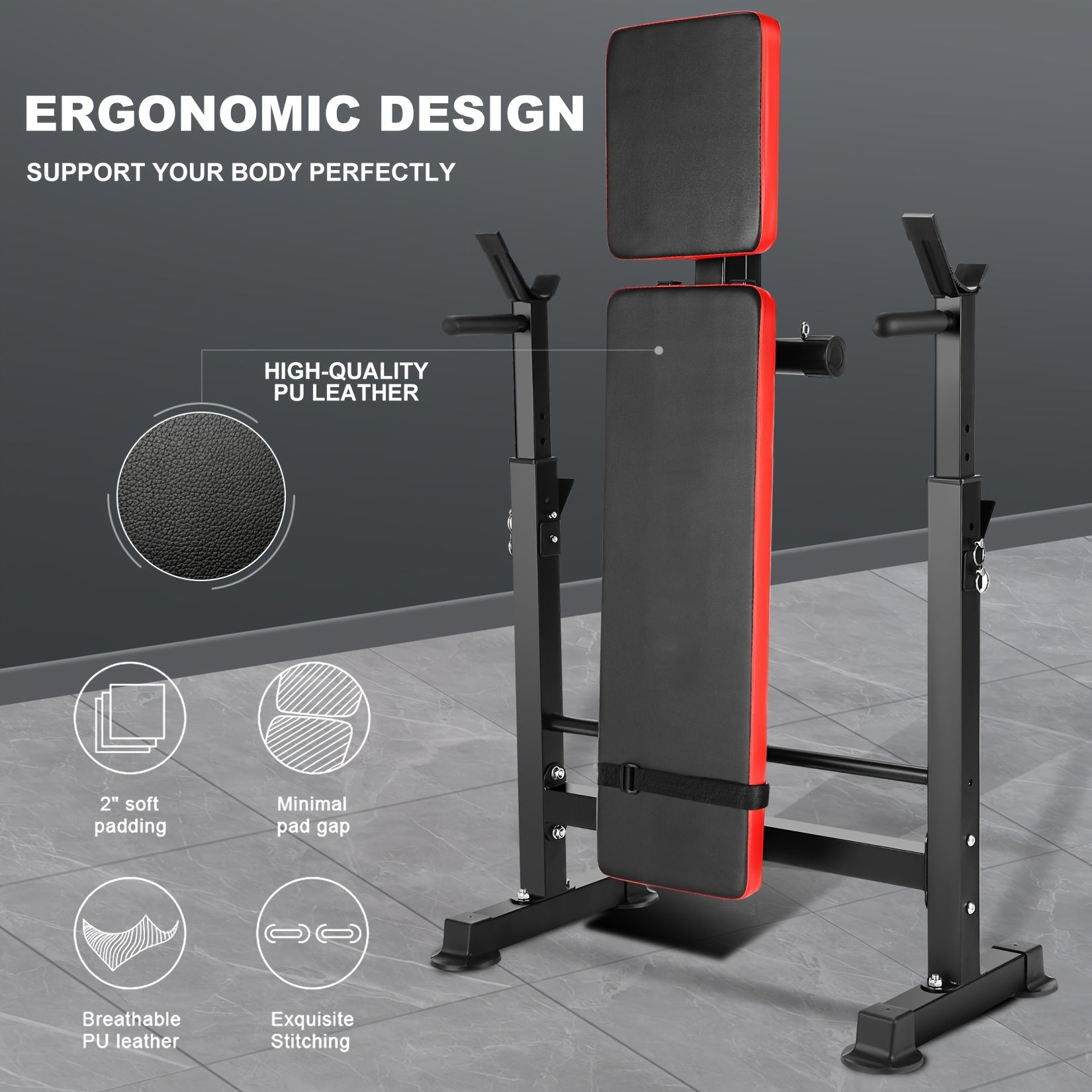 Weight Bench Set with Squat Rack – Adjustable Foldable Workout Bench Press, Leg Developer & Preacher Curl Pad for Home Gym Full Body Training | 800–1200 LBS Capacity | Black, Red, Pink