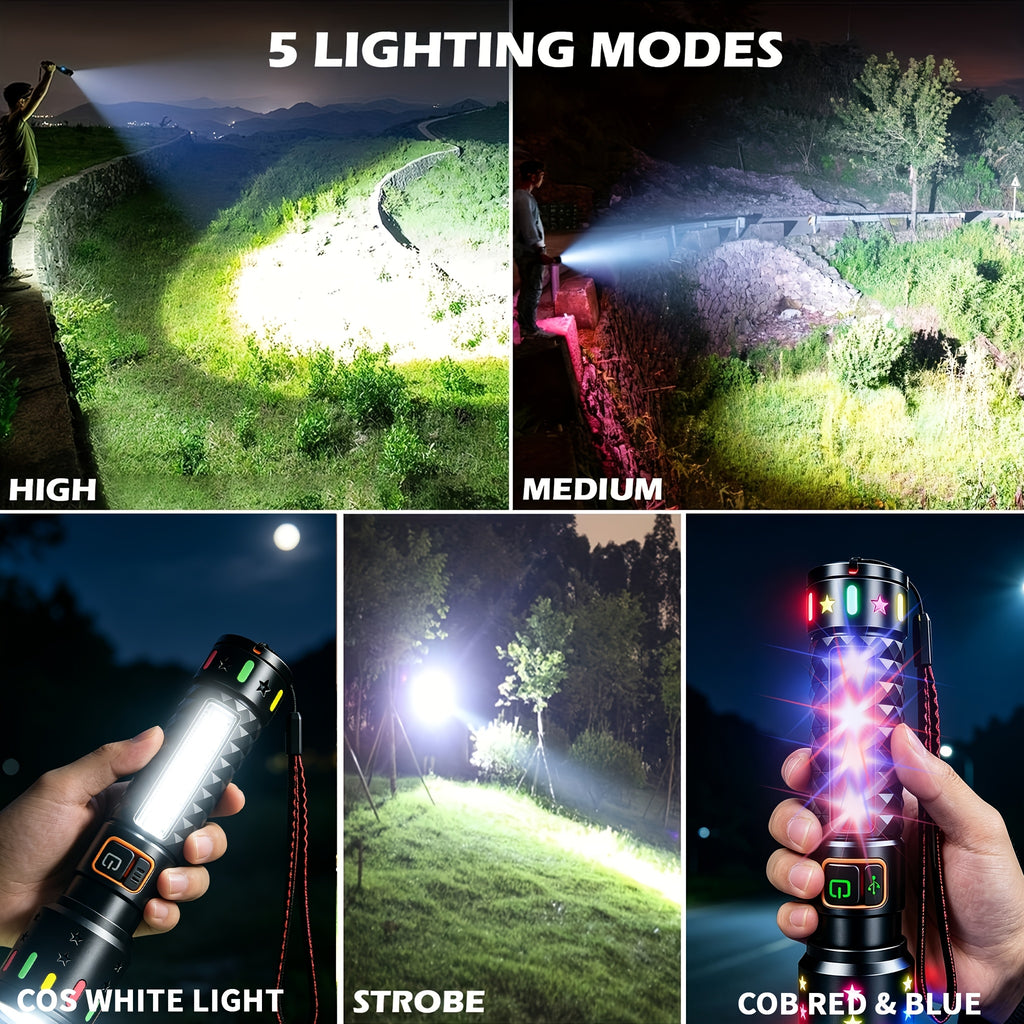 High-Lumen Fire Starting Flashlight Rechargeable LED Torch with COB Side Light 5 Modes Tactical Beam Fresnel Lens Survival Tool for Camping Hiking Fishing Emergency Outdoor Adventures