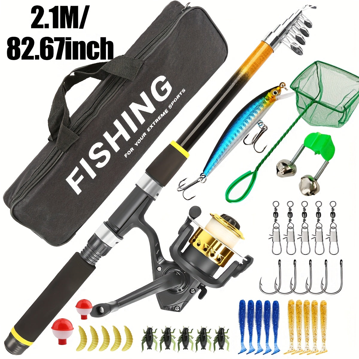 Fishing Rod and Reel Combo Beginner Starter Kit Telescopic Spinning Rod with Hard Soft Baits Accessories Box Bag Ambidextrous 70-83 Inch