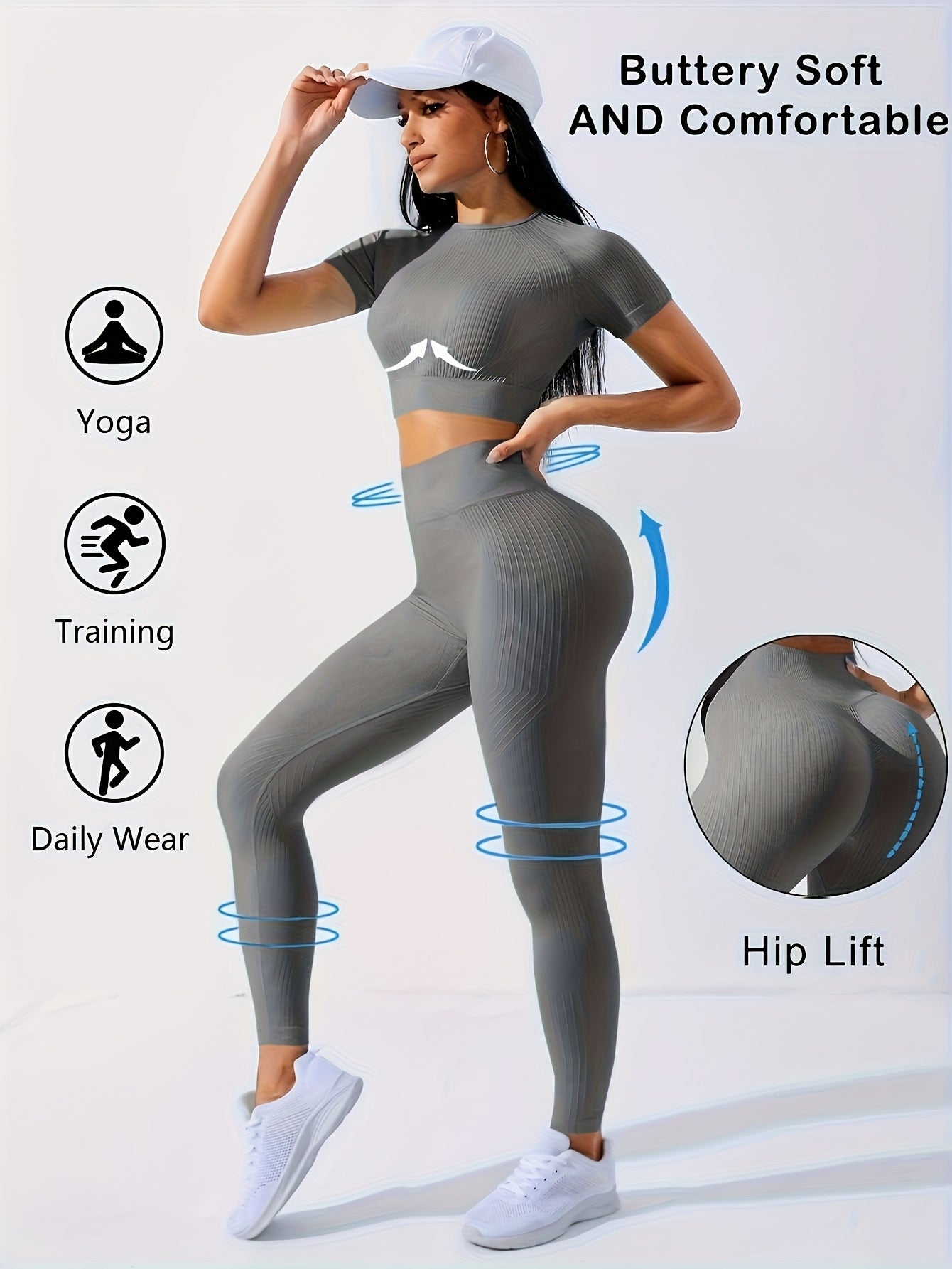2PCS Women's Workout Set – Yoga Crop Top & Leggings, Crew Neck, Medium Stretch, Solid Color All-Season Activewear, XS-XL