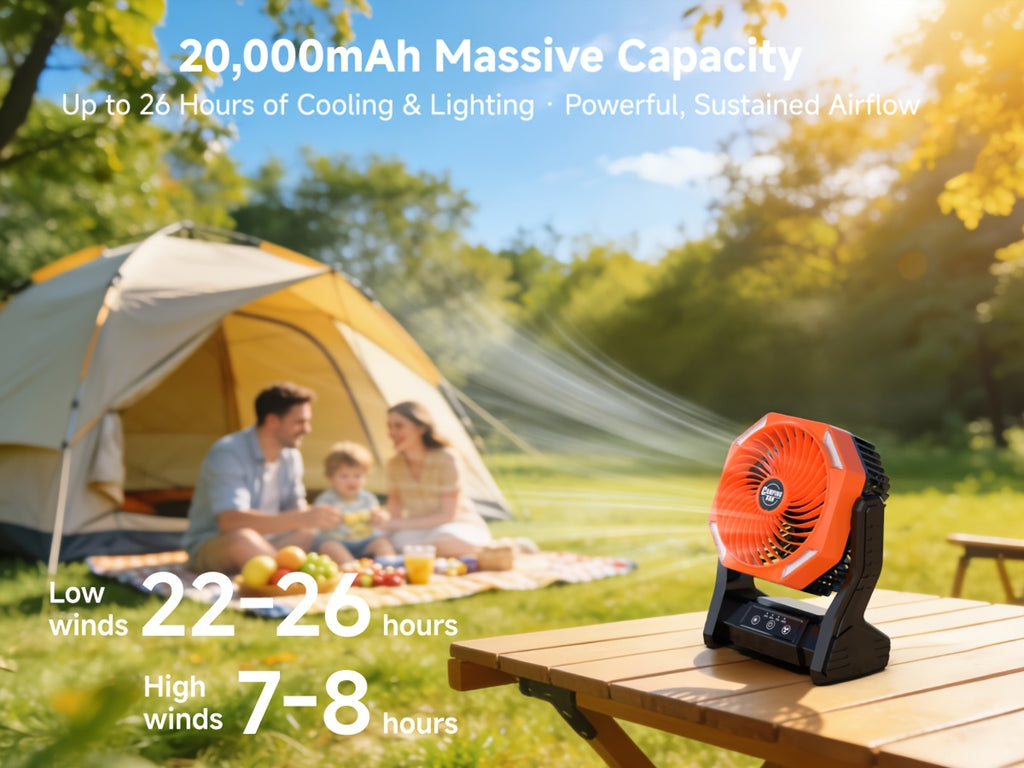 20000mAh Camping Fan with LED Light & Brushless Motor – Portable Outdoor Fan for Camping Hiking Picnic Emergency Use, 4 Speeds, 180° Oscillation, 22-26H Battery Life