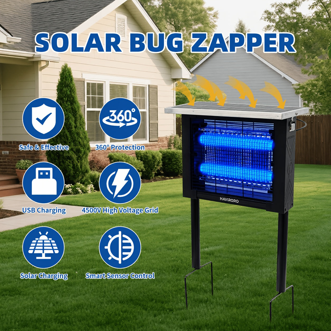 Solar Bug Zapper Outdoor - 2000 Sq Ft Coverage, Rechargeable Cordless Mosquito Zapper, Detachable Solar Panel, Fly Insect Killer for Patio, Garden, Backyard, RV Camping & Pond