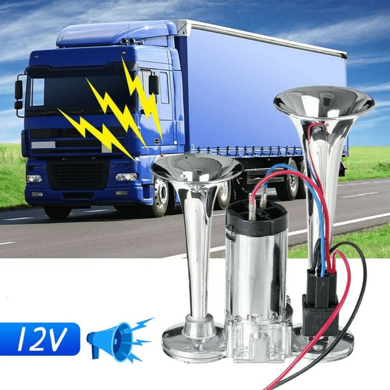Air Horn Kit 12V 24V Ultra Loud 105-137dB Dual Trumpet Horn with Air Compressor for Truck SUV Motorcycle Boat Train Car Pickup Aluminum Alloy Universal