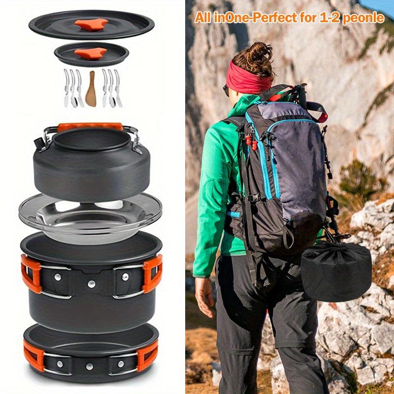 Portable Camping Cookware Set for 2-3 People - Pot Frying Pan Kettle with Cutlery - Foldable Space-Saving Outdoor Cooking Kit for Camping Hiking Backpacking - Lightweight Camp Kitchen Set