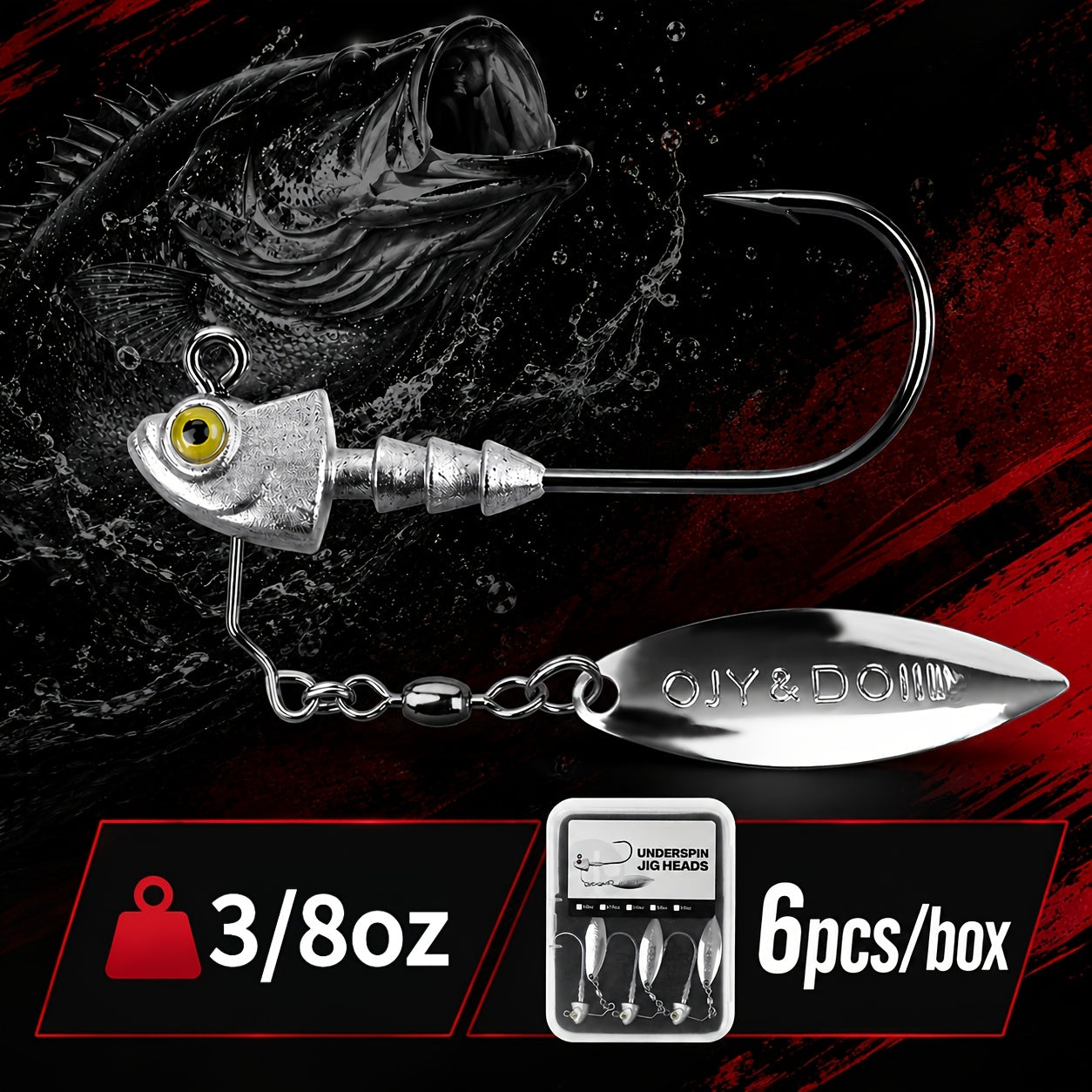 Underspin Jig Heads 6-Pack 100% Brass Blade Never Rust Bass Walleye Saltwater Fishing Lure 3/16oz 1/4oz 3/8oz 1/2oz Silver Swimbait Jig Head Set