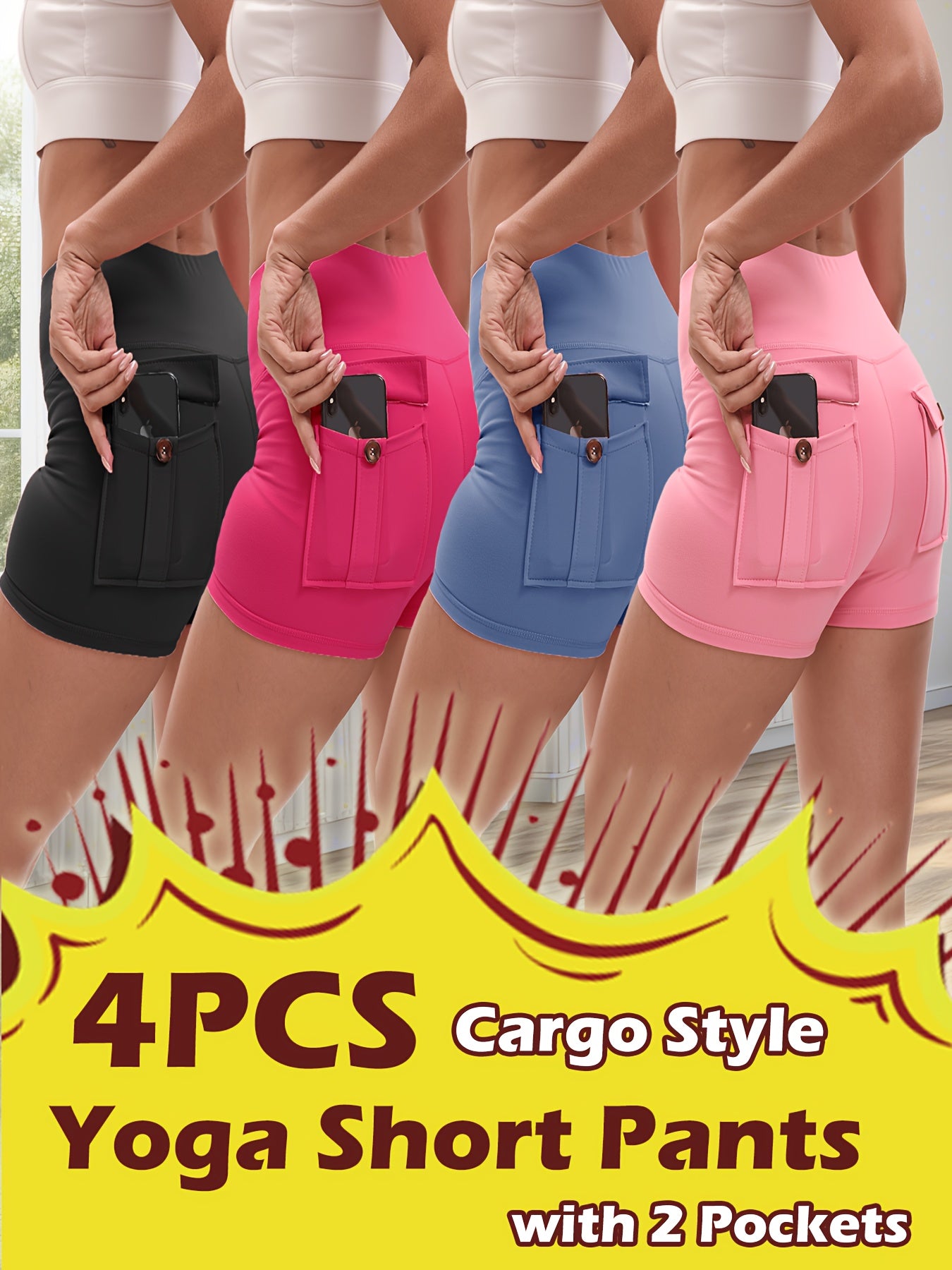 Women's 4-Pack Workout Shorts Set - Cargo & Yoga Shorts with Hip Lifting Shaping, High-Stretch Elastic Waist, Quick-Dry Fabric, Pockets, S-XXL Activewear Bundle