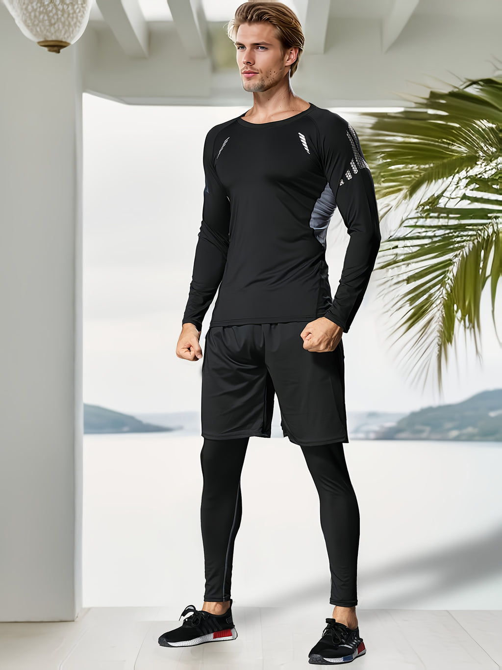 Men's 3-Piece Compression Sports Suit Quick-Dry – Moisture-Wicking Gym Running Training Outfit, High Elastic Breathable Activewear for Cycling Hiking Fitness, Grey & Fluorescent Green, S-XXL