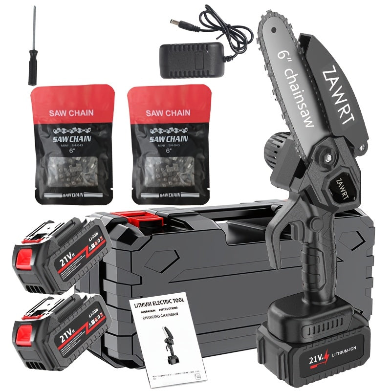 6-Inch Mini Chainsaw Cordless - Rechargeable Lithium Battery with Adjustable Chain, Safety Lock & Splash Guard, Multiple Bundle Options for Garden Branch Trimming, Tree Pruning & Gift