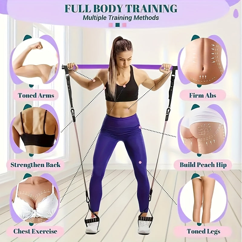 Pilates Stick with Resistance Bands 14pcs Set – Multifunctional Fitness Pedal Puller for Home Yoga, Stretch & Full Body Training, Pink, Black & Purple