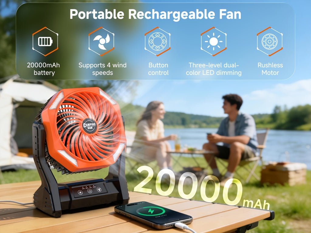 20000mAh Camping Fan with LED Light & Brushless Motor – Portable Outdoor Fan for Camping Hiking Picnic Emergency Use, 4 Speeds, 180° Oscillation, 22-26H Battery Life