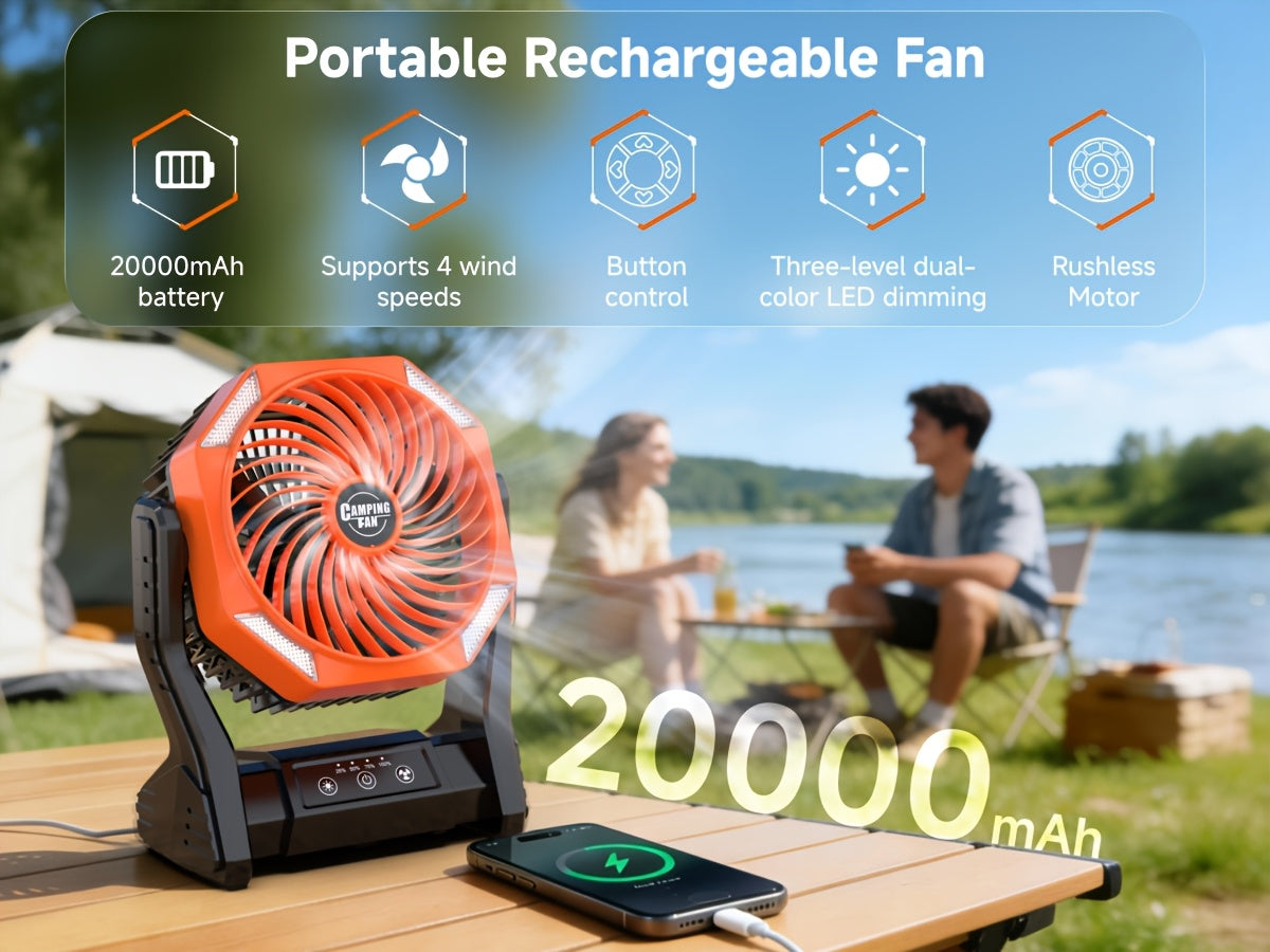 20000mAh Camping Fan with LED Light & Brushless Motor – Portable Outdoor Fan for Camping Hiking Picnic Emergency Use, 4 Speeds, 180° Oscillation, 22-26H Battery Life
