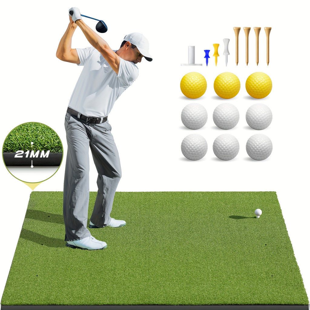 Golf Hitting Mat 5x3ft 21mm & 5x4ft Dual-Turf 31mm – Indoor Outdoor Practice Mat with Balls Tees Gift for Golfers