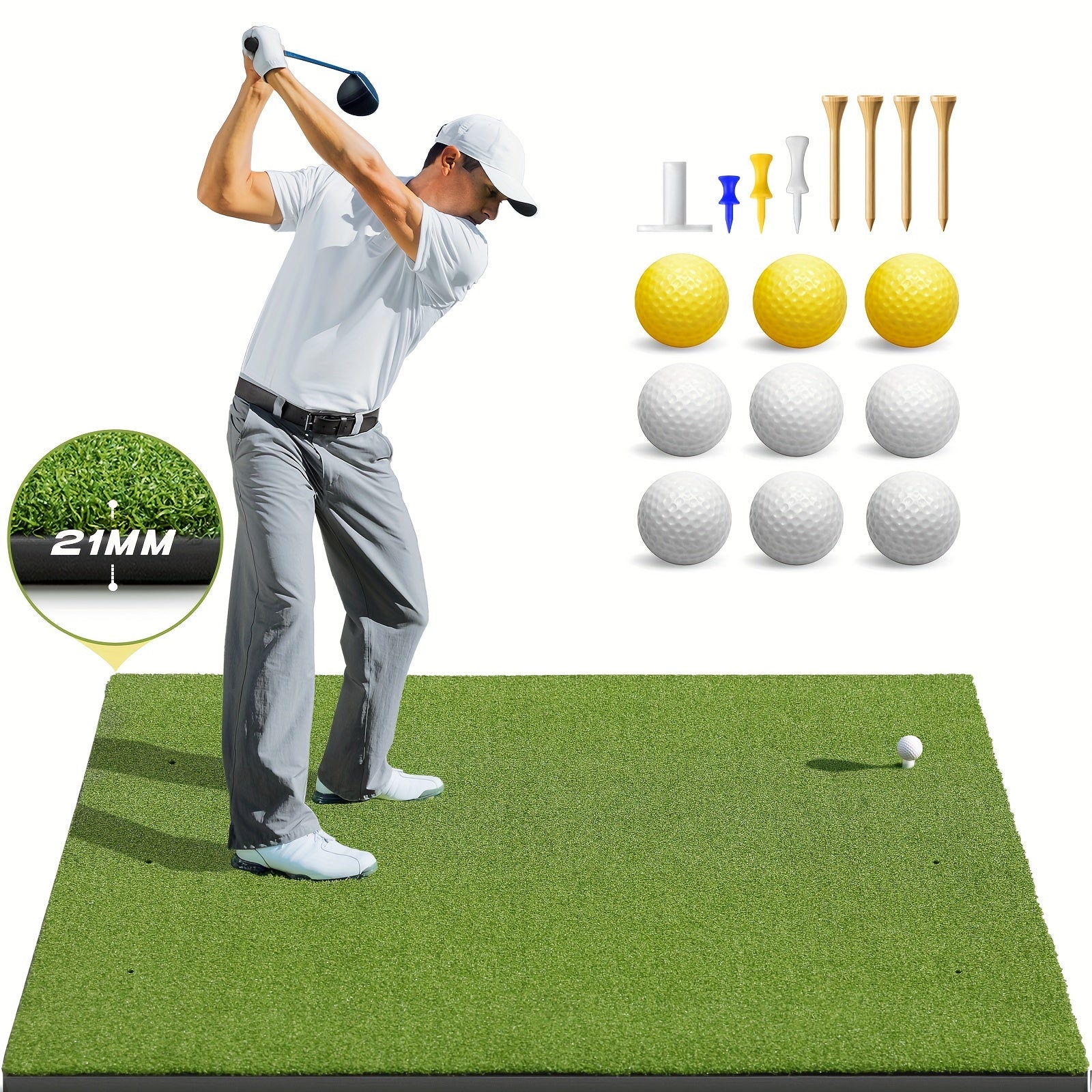 Golf Hitting Mat 5x3ft 21mm & 5x4ft Dual-Turf 31mm – Indoor Outdoor Practice Mat with Balls Tees Gift for Golfers