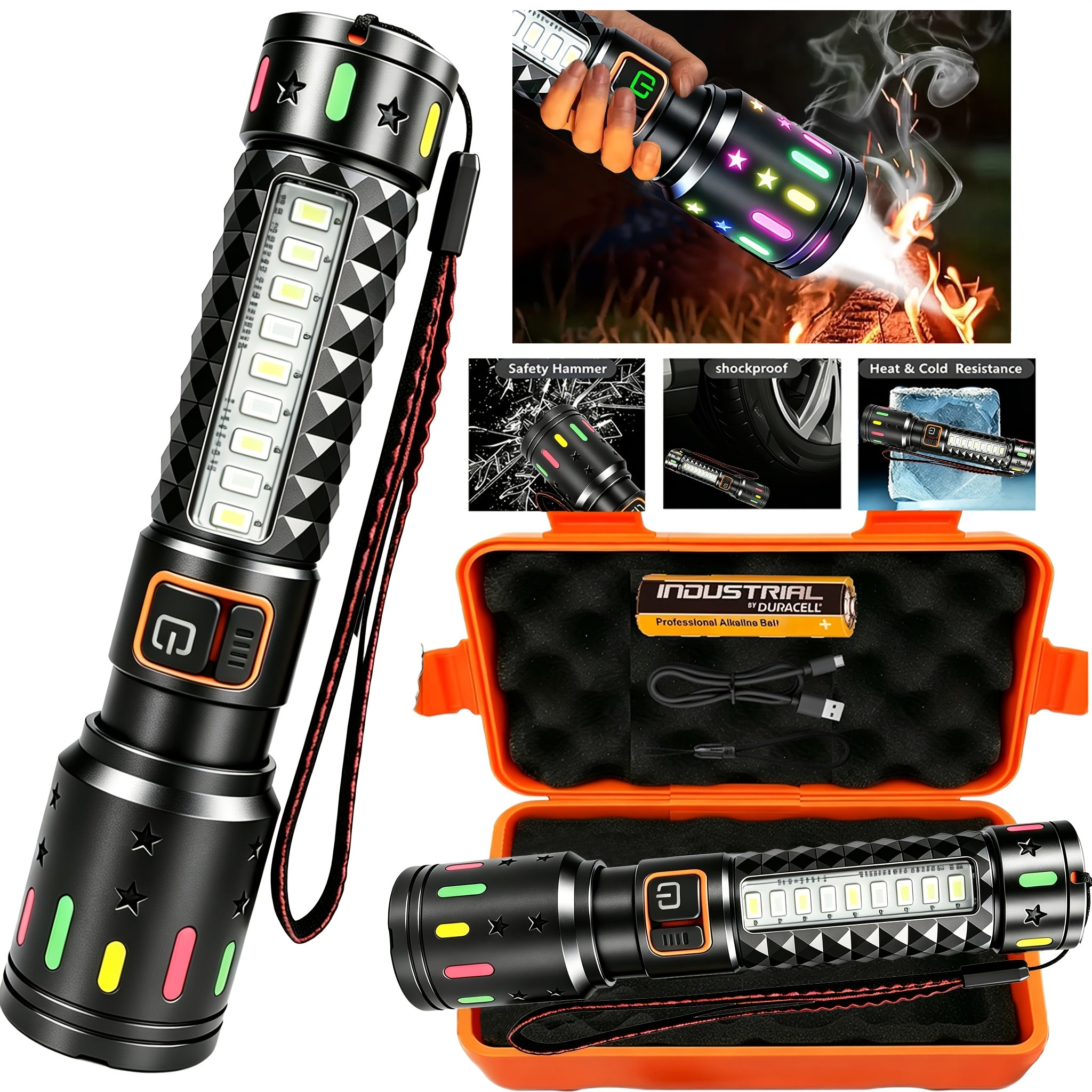 High-Lumen Fire Starting Flashlight Rechargeable LED Torch with COB Side Light 5 Modes Tactical Beam Fresnel Lens Survival Tool for Camping Hiking Fishing Emergency Outdoor Adventures