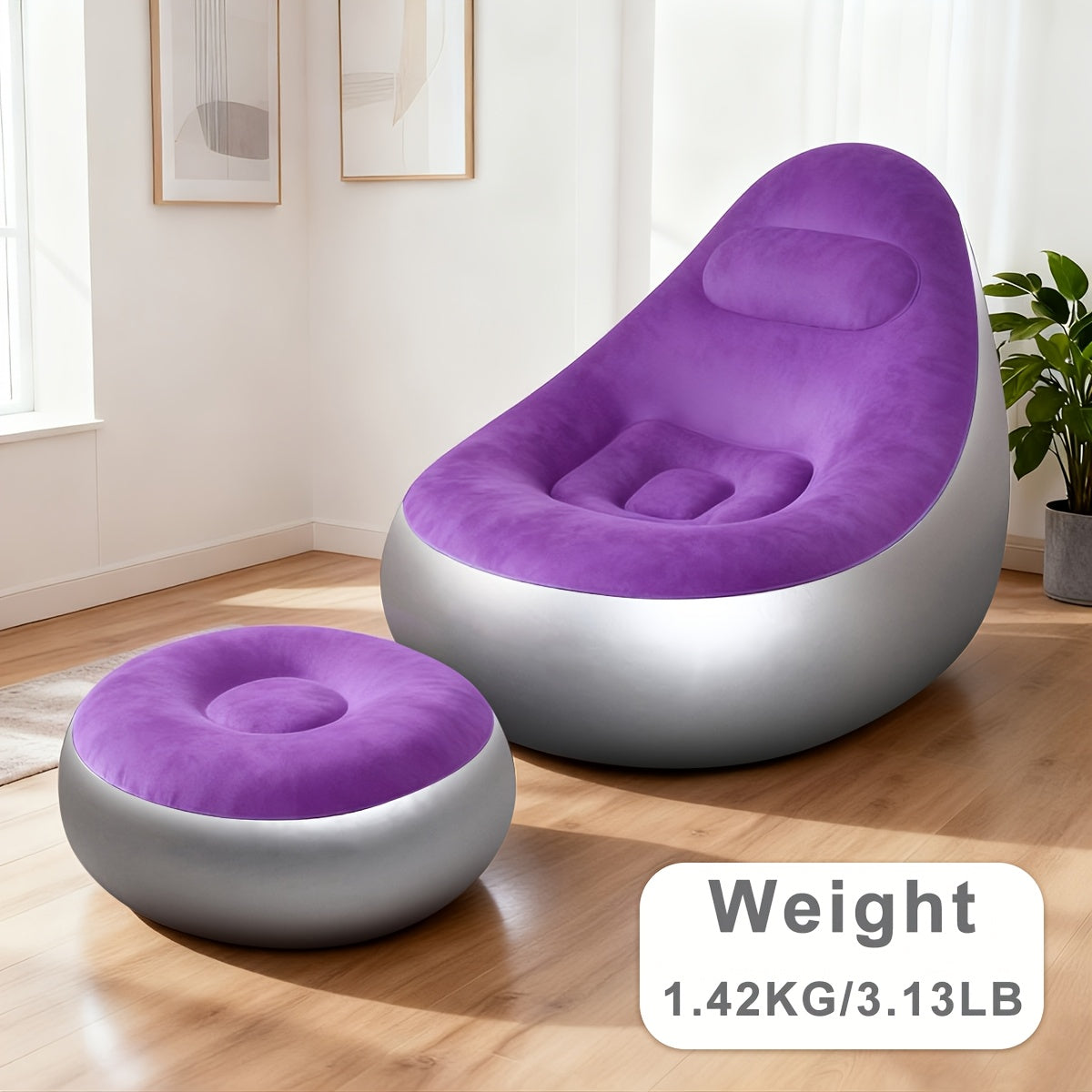 Inflatable Sofa with Footstool 2-Piece Set Heavy Duty Plush Fabric Portable Air Couch with Pump – Indoor Outdoor Camping Beach Backyard Lounge