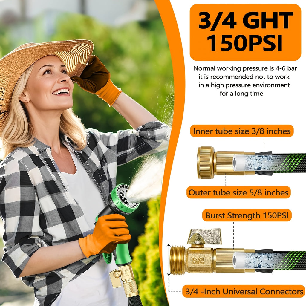 Garden Hose with 10-Function High Pressure Spray Nozzle - Lightweight Non-Expandable Water Hose for Lawn, Yard, Car Wash & Outdoor Cleaning, 10ft to 150ft with Kit Options