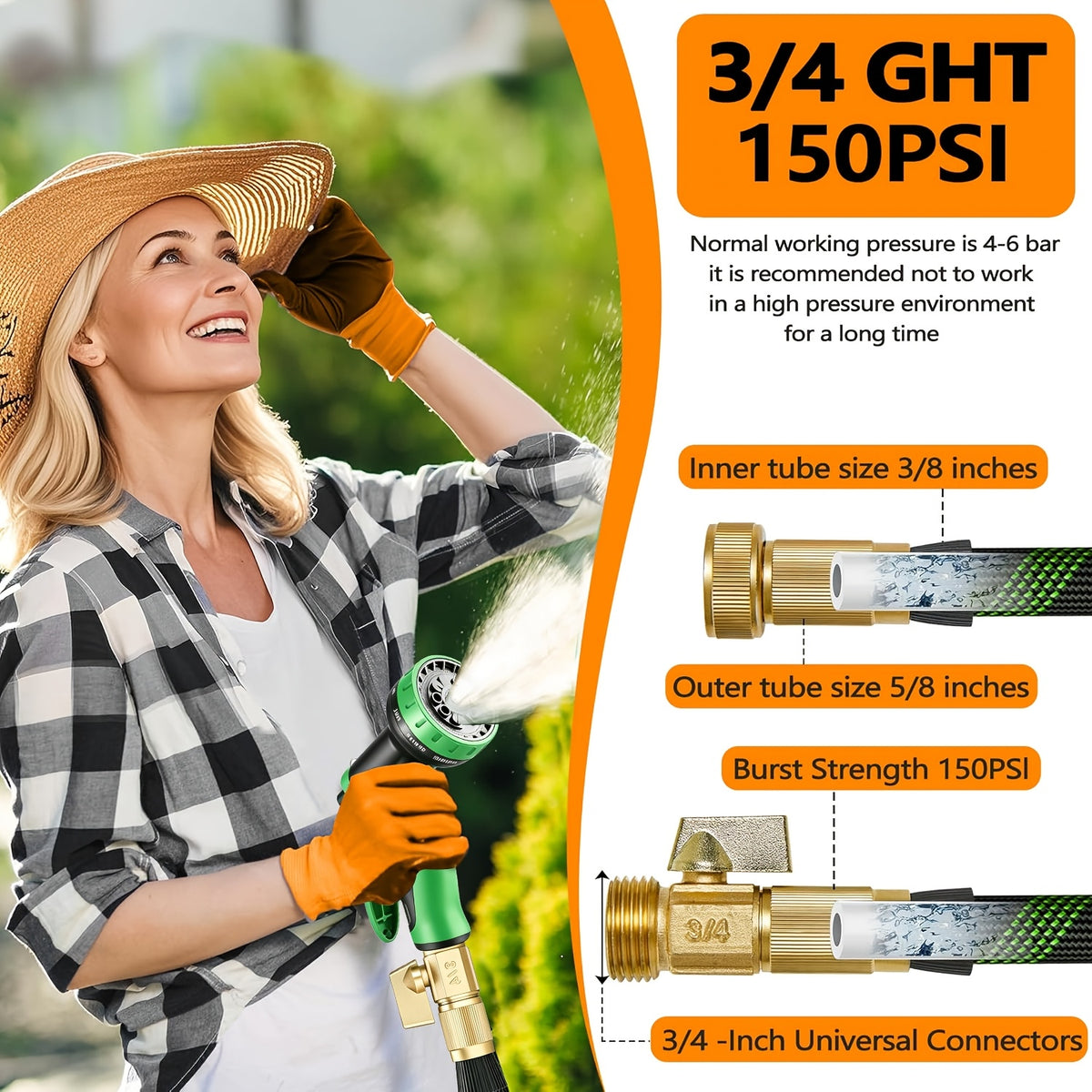 Garden Hose with 10-Function High Pressure Spray Nozzle - Lightweight Non-Expandable Water Hose for Lawn, Yard, Car Wash & Outdoor Cleaning, 10ft to 150ft with Kit Options