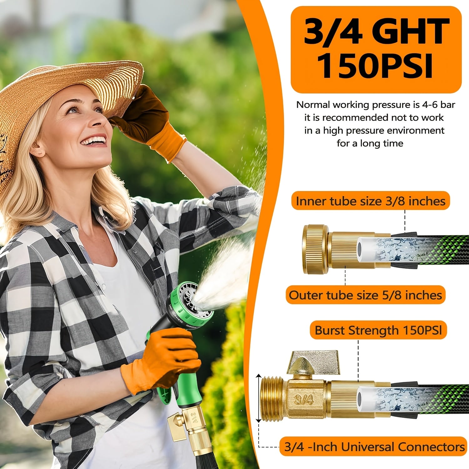 Garden Hose with 10-Function High Pressure Spray Nozzle - Lightweight Non-Expandable Water Hose for Lawn, Yard, Car Wash & Outdoor Cleaning, 10ft to 150ft with Kit Options