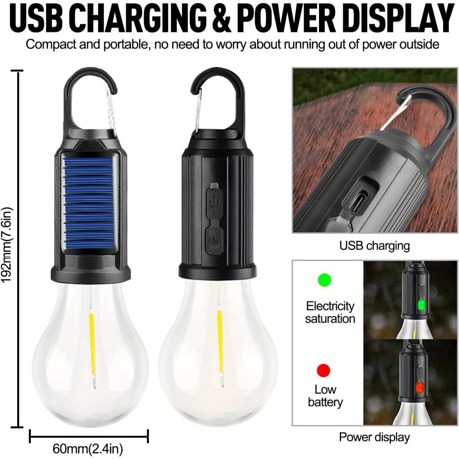 Solar Camping Lantern 3 Pack USB Rechargeable LED Waterproof Tent Light with Clip Hook Outdoor Camping Hiking Emergency Flashlight Christmas Decoration