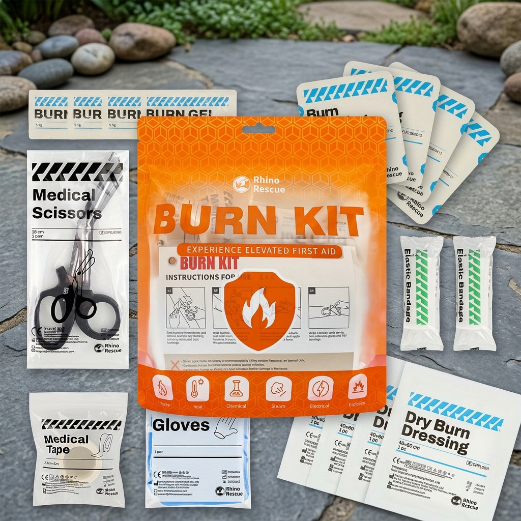 RHINO RESCUE Burn Dressing Kit Emergency Burn First Aid Kit – Portable Burn Care Set for Home Office Car Camping Outdoor – Visible Orange Emergency Burn Treatment Kit for Adults & Families