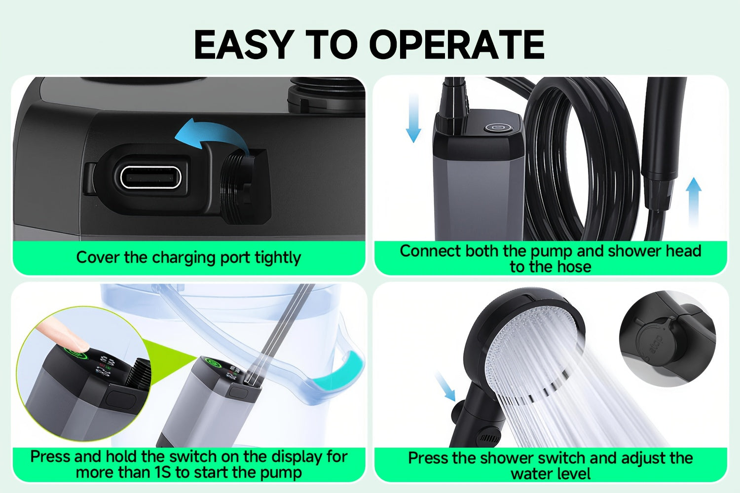 Portable Camping Shower 6000mAh Rechargeable Pump – IPX7 Waterproof, 4 Spray Modes, Outdoor Shower Kit for Camping Hiking Beach Pet Car Washing, Gift for Outdoors Lovers