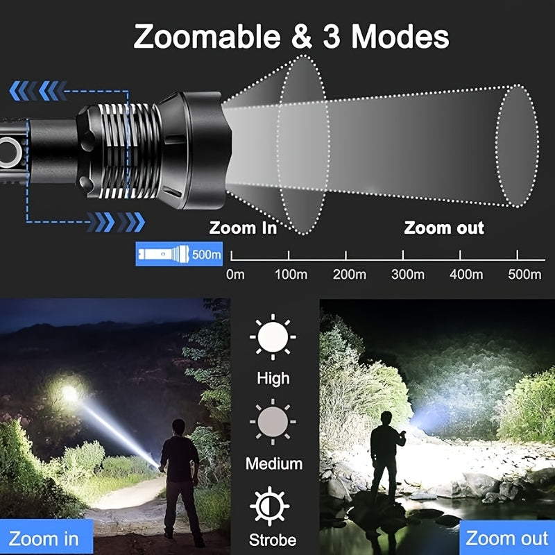 4000 Lumen Rechargeable LED Tactical Flashlight High Lumens Aluminum Alloy, 4 Modes, 500M Range, USB-C Charging for Camping, Fishing, Hiking & Emergency